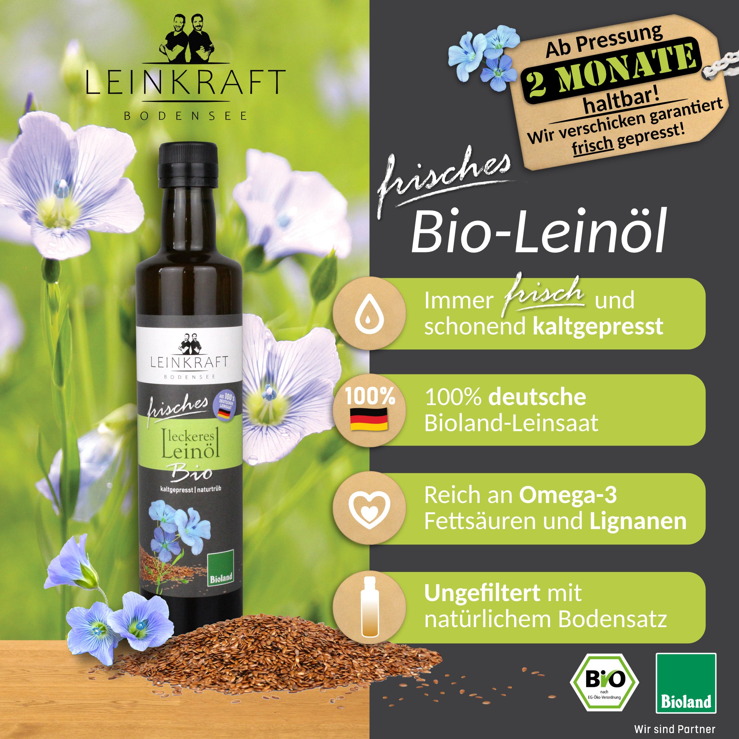Frisch auf Bestellung kaltgepresstes Bioland Leinöl aus DE Leinsaat kaufen – Leinkraft